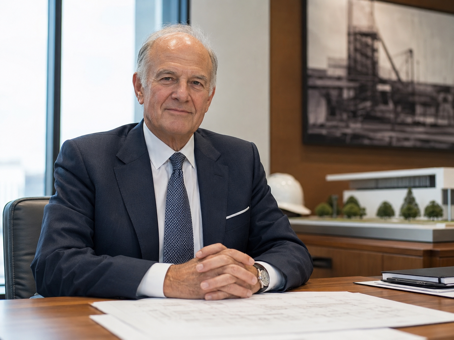 A CEO at a desk in front of architectural plans and a building model.