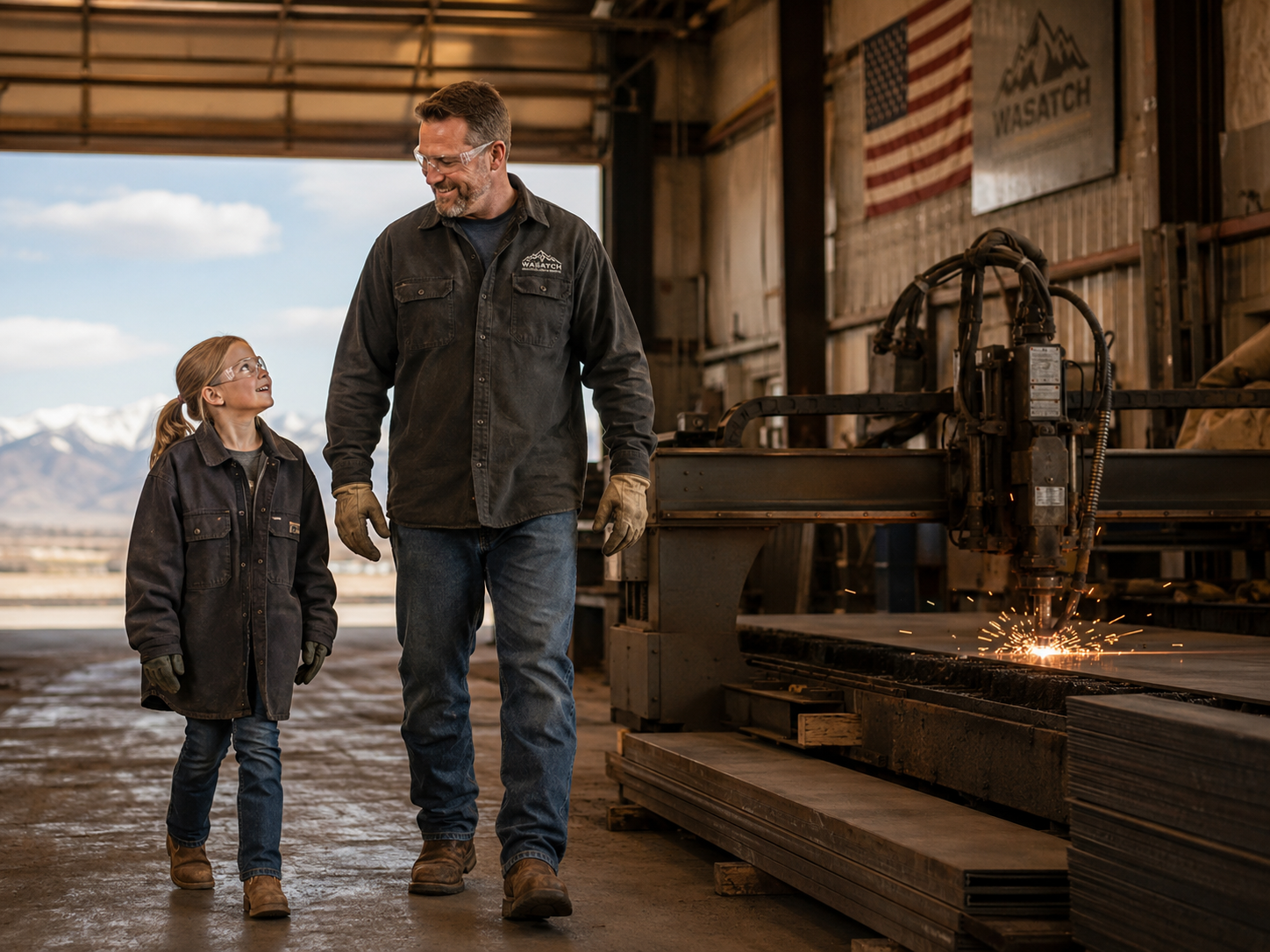 A father and daughter walking through a metal fabrication shop.