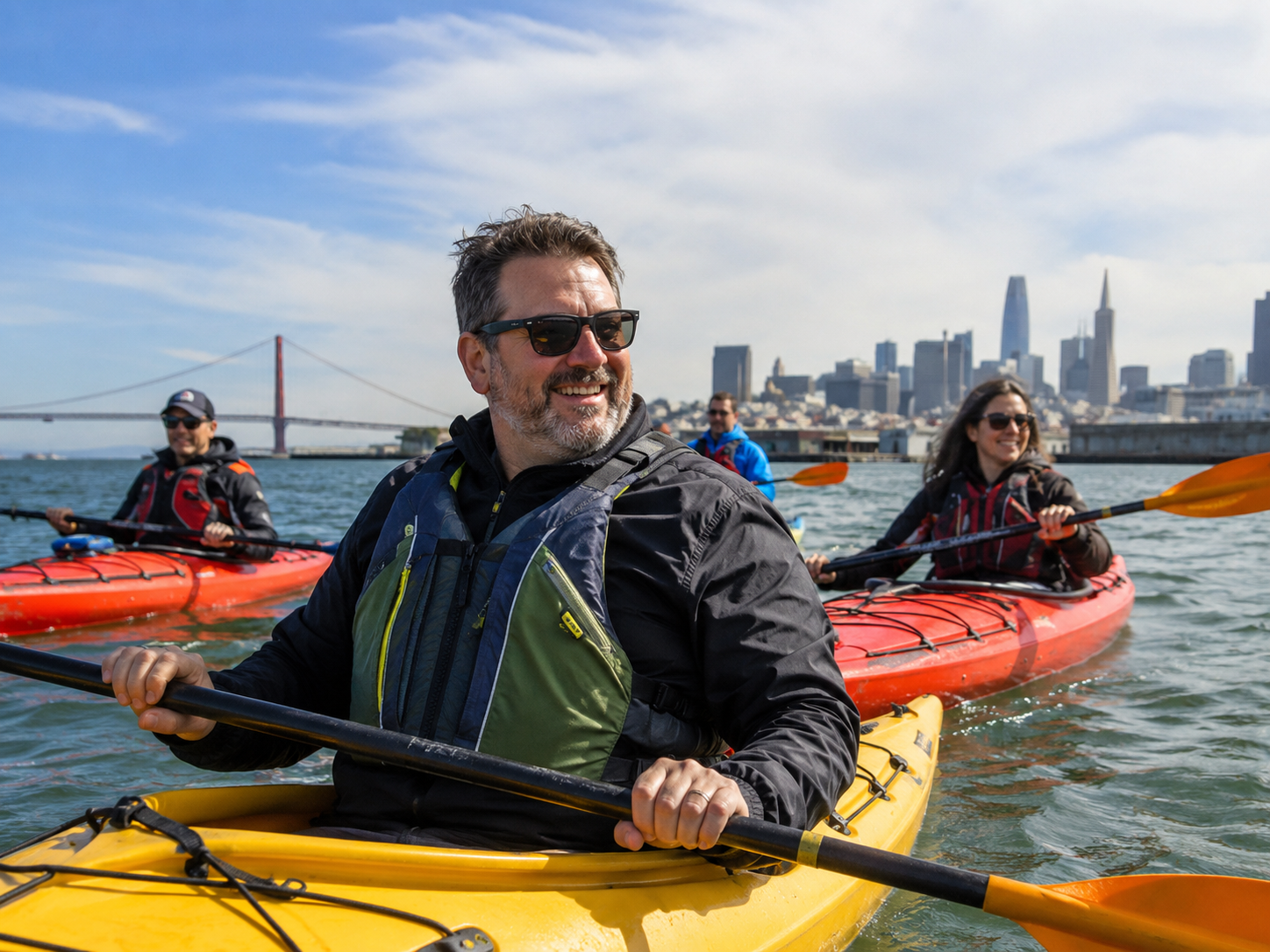 A small group kayaking on the bay with a city skyline in the distance.
