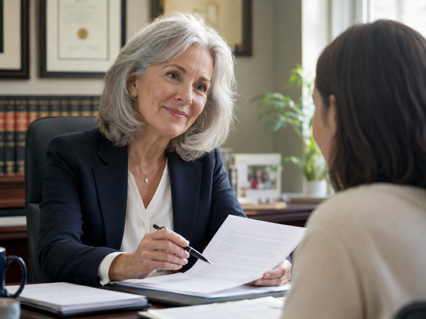 A lawyer reviewing a document with a client across her desk.